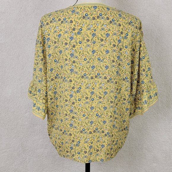 Max Studio Boho Yellow Floral Tie Front Button Down Ruffle Sleeve Blouse L NEW - Picture 3 of 14